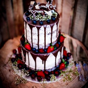 Decadent Black Forest cake with fresh fruit and traditional Hogsback cake toppers